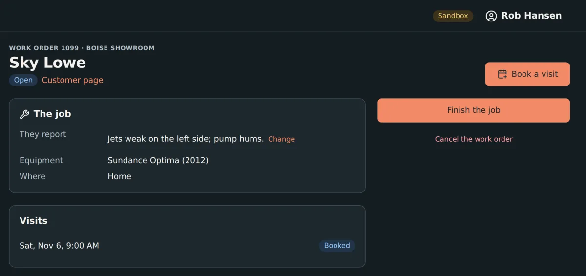 Work order 1099 in the Retavon web app: the customer reports weak jets and a humming pump on a 2012 spa, a visit is booked, and the page offers Finish the job and Cancel the work order.